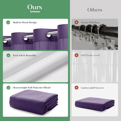 Purple Hook Free Waffle Shower Curtain & Snap Fabric Liner,72x99 | Less Time to install, 3 in 1 Fabric Shower Curtain and Liner Set with Magnets, Extra Long, Shower Curtains for Bathroom