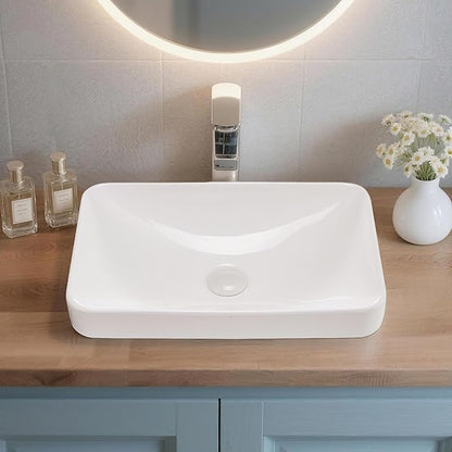 VEVOR Semi Recessed Bathroom Sink, 19.29 x 12.01 Inch Rectangular White Ceramic Vessel Sink with 1-3/4 Inch Drain Hole, Drop in Modern Lavatory Vanity Bath Wash Bowl Basin, Rectangle for Small Space