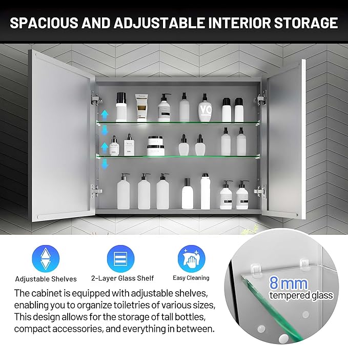 30 x 24 Medicine Cabinet Mirror for Bathroom,Aluminum Alloy Frame,Recessed/Surface Mounted,Mirrored Side Panel,Adjustable Shelves,Bathroom Medicine Cabinet with Mirror,Assembly Required