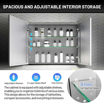 30 x 24 Medicine Cabinet Mirror for Bathroom,Aluminum Alloy Frame,Recessed/Surface Mounted,Mirrored Side Panel,Adjustable Shelves,Bathroom Medicine Cabinet with Mirror,Assembly Required