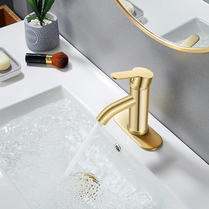 Brushed Gold Bathroom Faucet, Single Handle Sink Faucet, 1 Hole or 3 Hole, Bathroom Vanity Faucet, with Pop-up Drain and Deck
