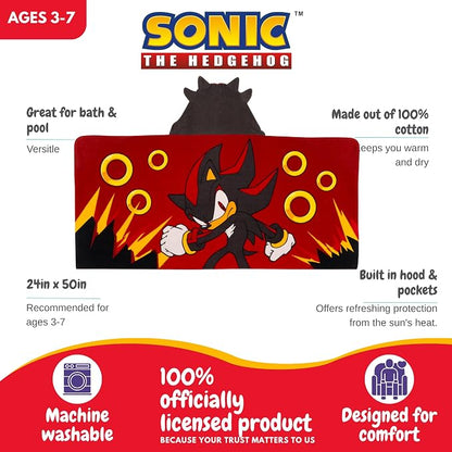 Sonic Shadow The Hedgehog Anime Kids Super Soft Bath/Pool/Beach Cotton Hooded Towel Wrap, 50 in x 24 in, (Officially Licensed Product) By Franco