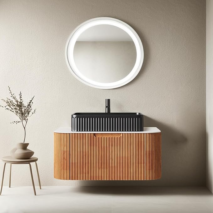 30" Floating Bathroom Vanity with Sink, Solid Wood Modern Bathroom Vanities with Black Rectangular Ceramic Basin and Marble Top, Soft-Close Drawer, Pre-Assembled, Natural Wood Woodgrain