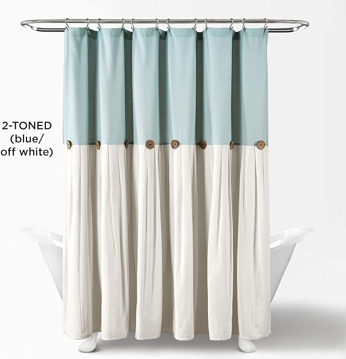 Lush Decor Linen Button Shower Curtain Single 72" W x 78" L Blue & White - Extra Long Shower Curtains - Blue Shower Curtain Fabric - Farmhouse Bathroom Decor