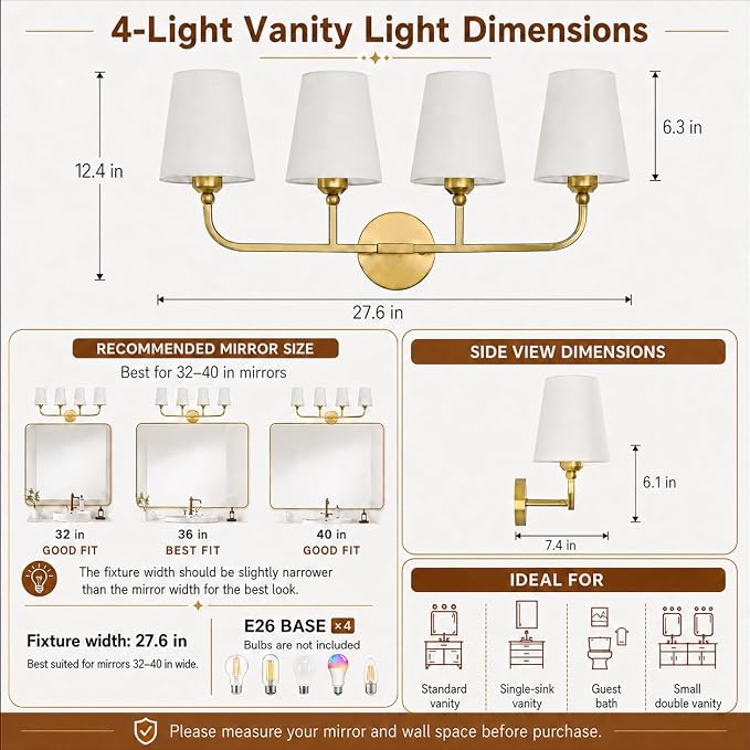 Bathroom Vanity Light, Brushed Gold Bathroom Lighting Fixtures Over Mirror | 4-Light Bathroom Light Fixtures with Flared White Fabric Shade, E26 Socket (ETL Listed)