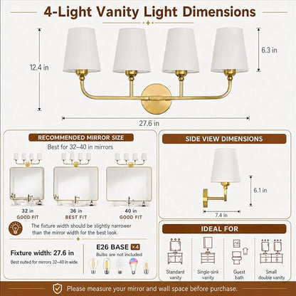 Bathroom Vanity Light, Brushed Gold Bathroom Lighting Fixtures Over Mirror | 4-Light Bathroom Light Fixtures with Flared White Fabric Shade, E26 Socket (ETL Listed)