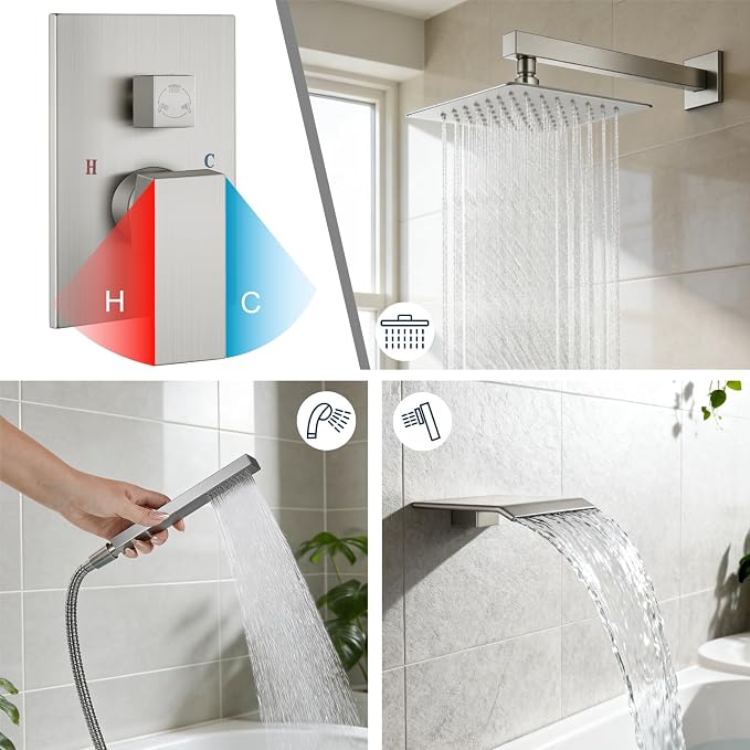 Midanya Shower System with Tub Spout,10 Inch Shower Head,Brushed Nickel | with Valve & Trim Kit,Square Rain Head,Handheld Sprayer,Waterfall Spout,All Metal Wall Mount Bathroom Shower Tub Faucet Set