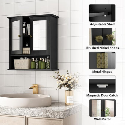 Bathroom Wall Cabinet, Black Bathroom Cabinet with 2 Mirror Doors and Adjustable Shelf, Wall-Mounted, Medicine Cabinet, 21.5" W x 7.8" D x 23.6" H