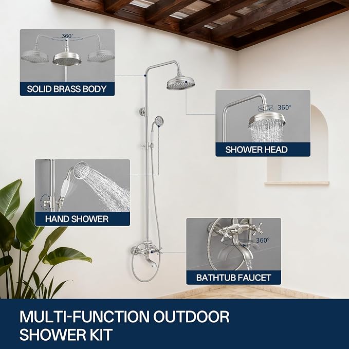 Homevacious Brushed Nickel Brass Outdoor Shower Kit Exposed Shower | 8 Inch High Pressure Rain Shower Head with Hand Spray Bathroom Shower Faucet System Double Knobs Cross Handle 3-Function