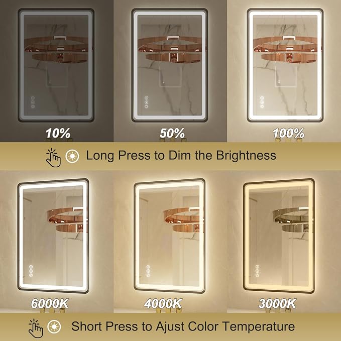 24x36 Inch Black Frame LED Bathroom Mirror with Lights, Dimmable Smart Lighted Bathroom Mirror, Anti-Fog, 3 Colors, Frontlit and Backlit, Waterproof, Memory Function Wall Mirror for Bathroom