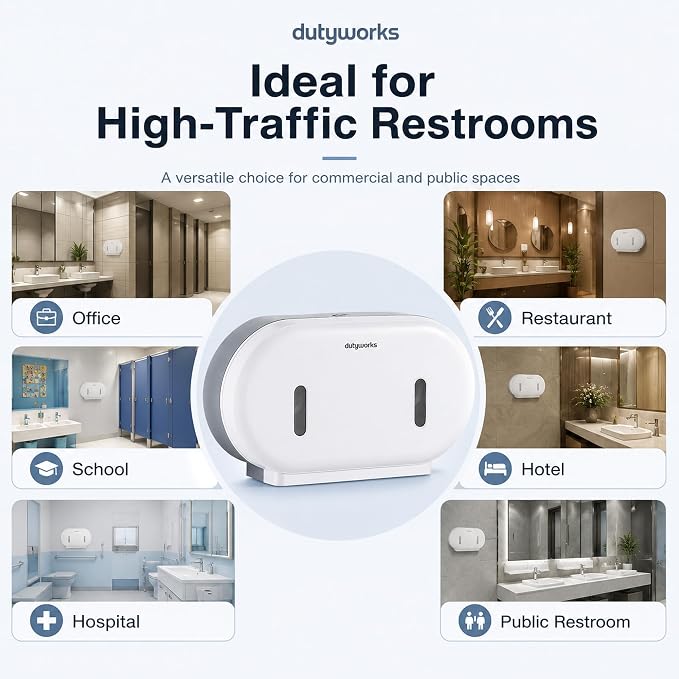 Commercial Double Roll Toilet Paper Dispenser Wall Mount | Holds Rolls up to 9 in, Lockable, Visible Window, Sliding Divider, No-Drill Installation, Heavy Duty ABS
