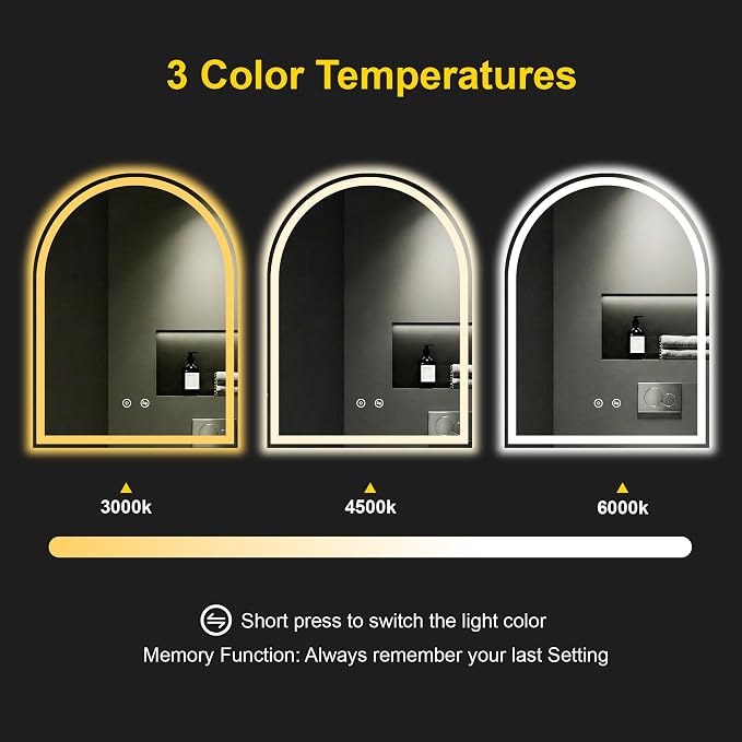 Arched LED Bathroom Mirror with Lights, 24" x 32" Lighted Vanity Mirror | Anti-Fog, Dimmable 3 Colors, Backlit + Frontlit, HD Shatterproof Tempered Glass, Memory Function