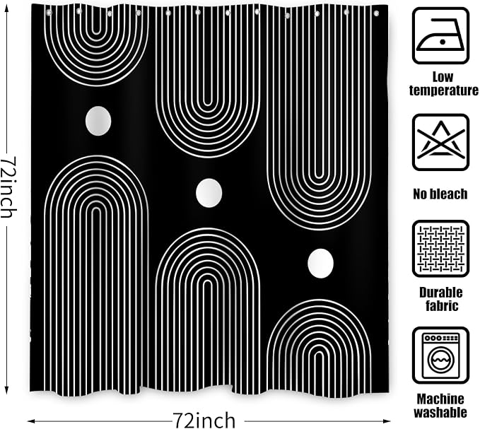 Black and White Shower Curtain, Boho Minimalist Mid Century Modern Arch Geometric Machine Washable Waterproof Fabric for Bathroom Bathtub with Hooks 72x72