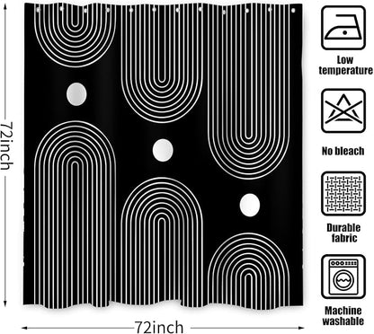 Black and White Shower Curtain, Boho Minimalist Mid Century Modern Arch Geometric Machine Washable Waterproof Fabric for Bathroom Bathtub with Hooks 72x72