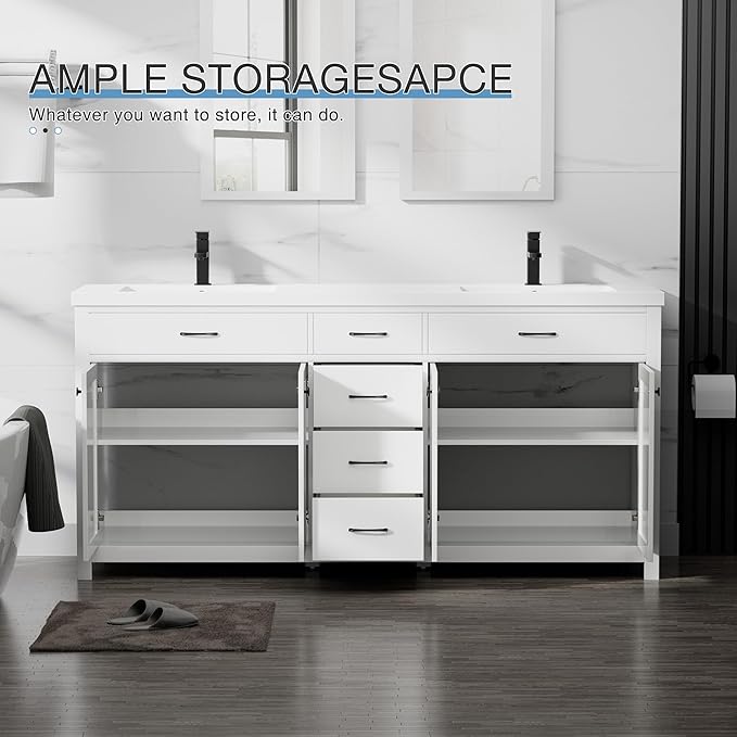 LUCKWIND 72" Bathroom Vanity and Sink Combo, Painted Modern Bathroom Storage Cabinet with Double Large Sink, Four Doors and Three Drawers, Include Faucet, Without Mirror, White