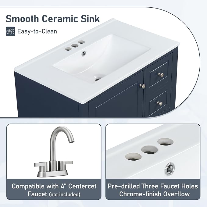 30" Bathroom Vanities Cabinet with Ceramic Sink Set Combo, Multi-Functional Storage Organizer Door Shelf, Three Drawers, Soft-Closing Door, Blue