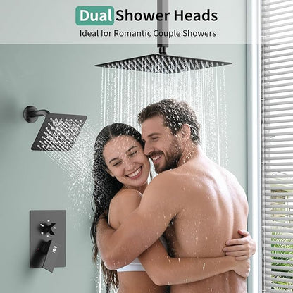 Shower Faucet Set Shower System - SR SUN RISE Matte Black Shower Trim Kit with Dual Shower Head, 12'' Ceiling Rainfall 6'' Wall Mount with Handheld Shower for Couples, Complete 6 Diverter Valve