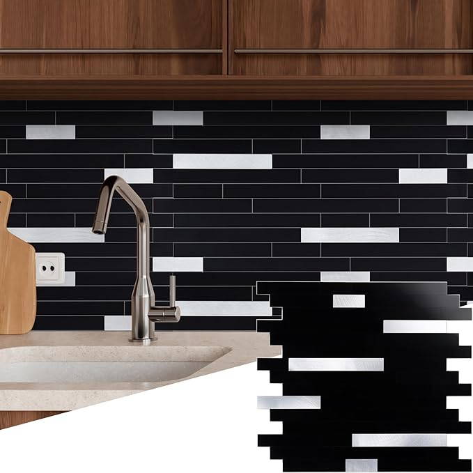 Yipscazo 5 Sheets Peel and Stick Stone Metal Tile Backsplash, Stick on Tiles for Backsplash Kitchen, Bathroom, Laundry Room, Camper, Fireplace (12'' X 12'', Polished Pure Black)