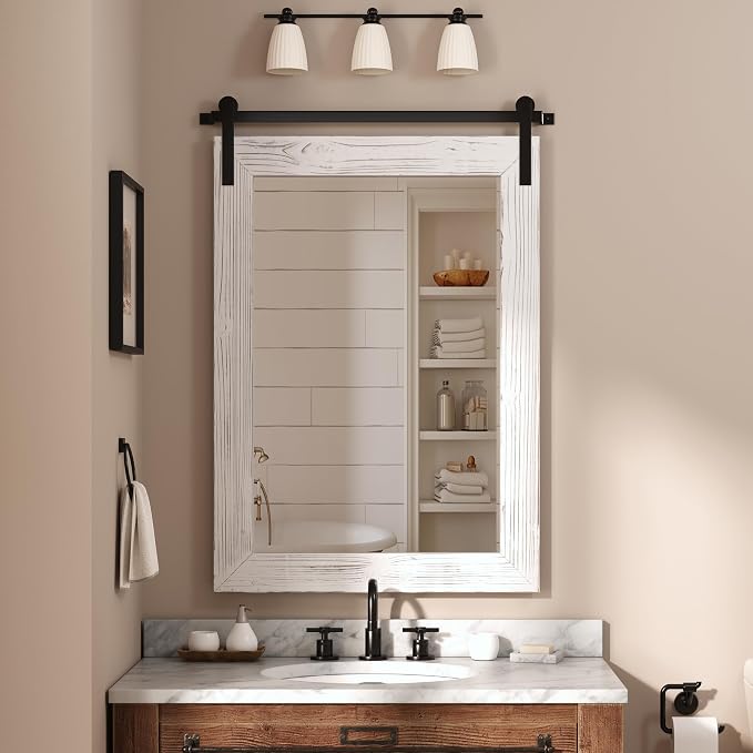COGOOD Farmhouse Bathroom Mirrors for Over Sink - 42 x 29 White | Rustic Barn Door Wood Framed Vanity Mirror for Entryway, Living Room, Bedroom, Dresser Wall Decor