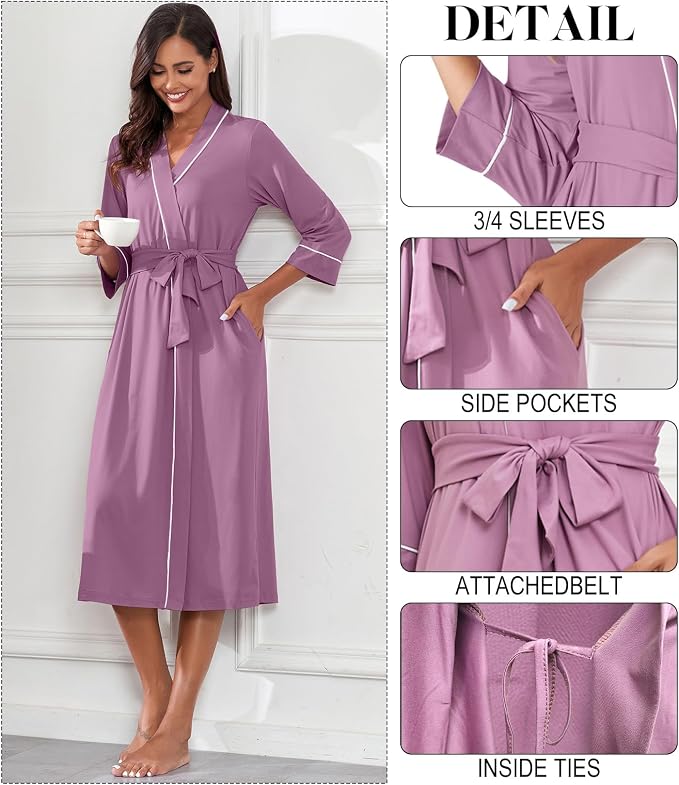 PrinStory Robes for Women 3/4 Sleeve Long Bath Robe XS-4XL | V-Neck Knit Bathrobe with Pockets, Lightweight, Soft, Breathable Robes for Shower, Spa, Travel, Home, Party, Nursing