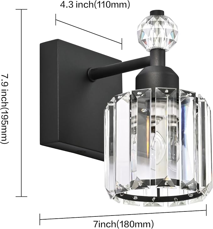 PRESDE 1-Light Bathroom Vanity Light, Modern Matte Black Wall Sconce with Crystal Shade, Single Wall Lamp for Over Mirror Bedroom Hallway