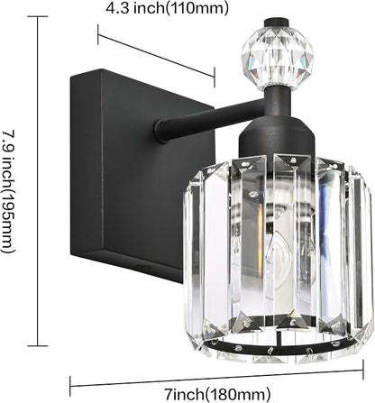 PRESDE 1-Light Bathroom Vanity Light, Modern Matte Black Wall Sconce with Crystal Shade, Single Wall Lamp for Over Mirror Bedroom Hallway