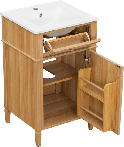 20" Small Bathroom Vanity with Ceramic Sink,Modern Freestanding Storage Cabinet w/Tilt-Out Drawer and Soft-Close Door,Adjustable Shelf,Solid Pinewood Frame for Bath/Powder/Guest Room,Wood