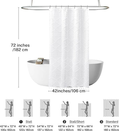 Stall Boho White Woven Fabric Shower Curtain with Tassels 42 x 72 Modern Farmhouse Minimalist Tufted Chevron Striped Shabby Chic Textured, Water Resistant Curtain for Bathroom, Hotel Decor