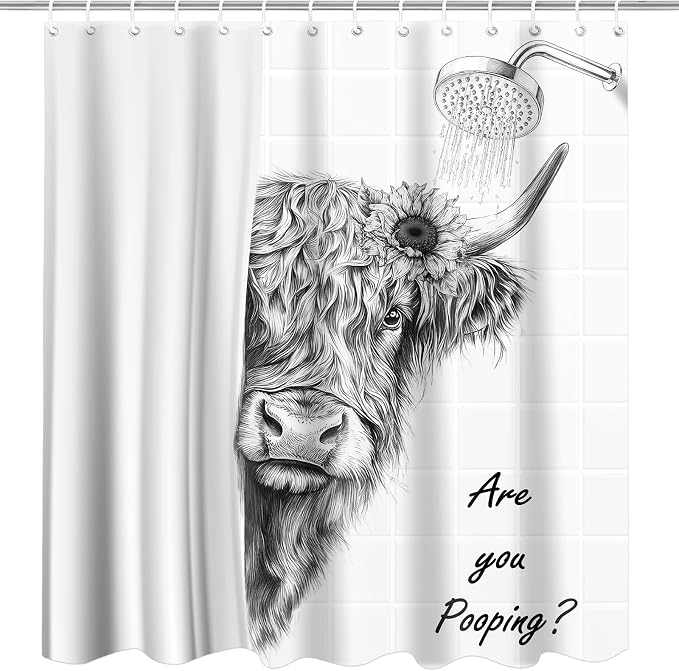 Funny Cow Shower Curtain, Fun Highland Cow Farmhouse Bath Curtain | 72x72 Inches, Waterproof Polyester Fabric, Cute Western Cattle Bathroom Decor for Home Decorations, Includes 12 Hooks
