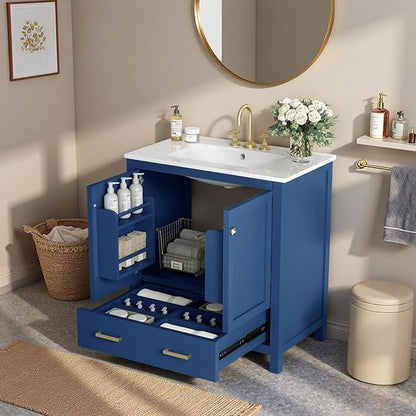 30" Freestanding Bathroom Vanity with Sink, Floor Stand Bathroom Storage Cabinet with Ceramic Sink, Doors with Double-Layered Storage Shelves, Modern Compact Vanity with Divided Drawer, Blue