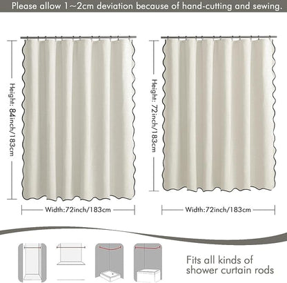 MIULEE 72"x84" Extra Long Scalloped Linen Shower Curtain Birch | Linen Textured, Waterproof, Washable, 12 Metal Hooks, Heavy Duty Cloth, Black Border, Shower Curtain for Bathroom Bathtub