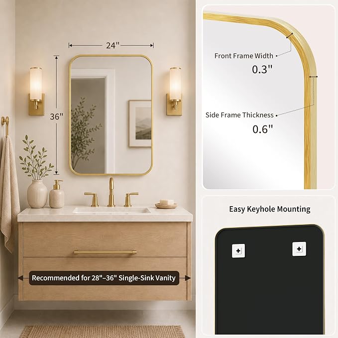 24x36 Inch Brushed Gold Rounded Rectangle Bathroom Vanity Mirror | For Over-Sink Bathrooms, Corrosion-Resistant Aluminum Frame, Slim Front Profile, Two-Way Mount, Protective Packaging