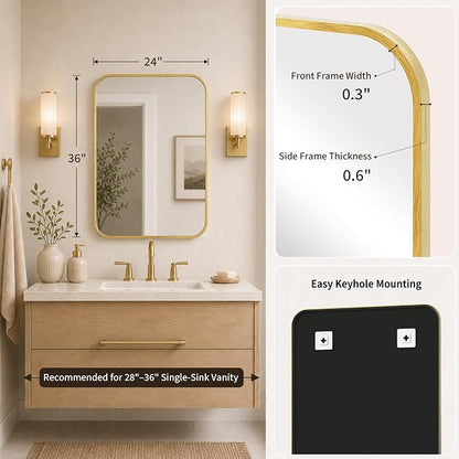 24x36 Inch Brushed Gold Rounded Rectangle Bathroom Vanity Mirror | For Over-Sink Bathrooms, Corrosion-Resistant Aluminum Frame, Slim Front Profile, Two-Way Mount, Protective Packaging