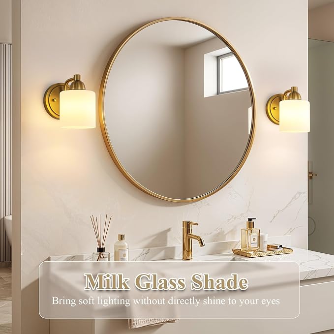 Mecgirn Brass Milk Glass Wall Sconces, 1 Pack Hardwired Indoor Wall Light Fixtures for Living Room, Hallway, Bedroom, Ceramic E26 Sockets (Bulbs Not Included)