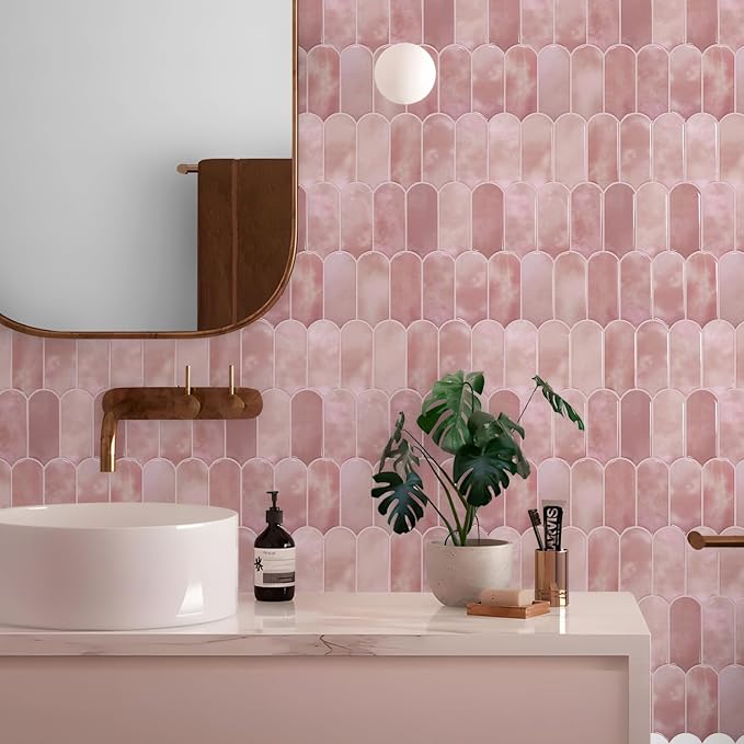 Vamos Tile 10-Sheet Backsplash Peel and Stick Tile, Pink Self Adhesive Vinyl Wall Tiles, Stick on Backsplash for Kitchen, Bathroom,RV (Thicker Design)