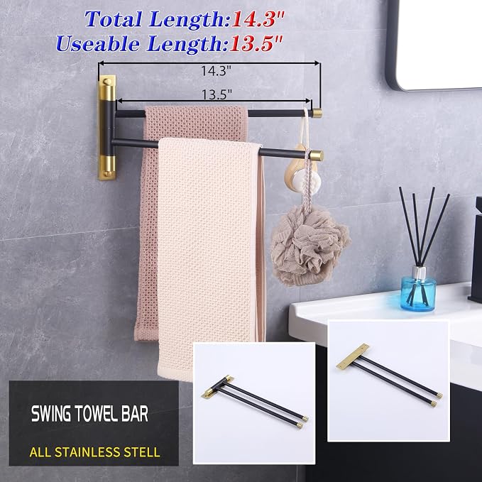 GERZWY Bathroom Swing Arm Towel Bars 2-Arm Wall Mount Stainless Steel Bath Towel Rack Hanger Towel Holder Organizer (Black & Gold) HYG02-BD