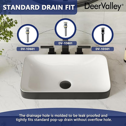 DeerValley Vessel Sink Rectangle, Black & White Semi Recessed Bathroom Sinks, 18.9"x11.61" Modern Rectangular Top Counter Bathroom Sink Porcelain Ceramic Lavatory Sink Bowl Art Basin DV-1V0233