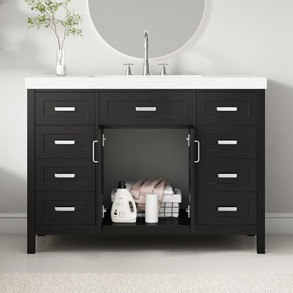 48" Bathroom Vanity with Sink, Soft Closing Doors and Drawers, Solid Wood and MDF Bathroom Sink Cabinet with Storage, Freestanding (Black)