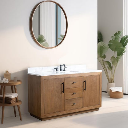 Vanity Art 60" Bathroom Vanity with Sink, Solid Poplar Wood Vanity Cabinet with Doors and Shelf, Modern Bathroom Vanity with White Marble Top, 3 Functioning Drawers,VA70-60-ST-E