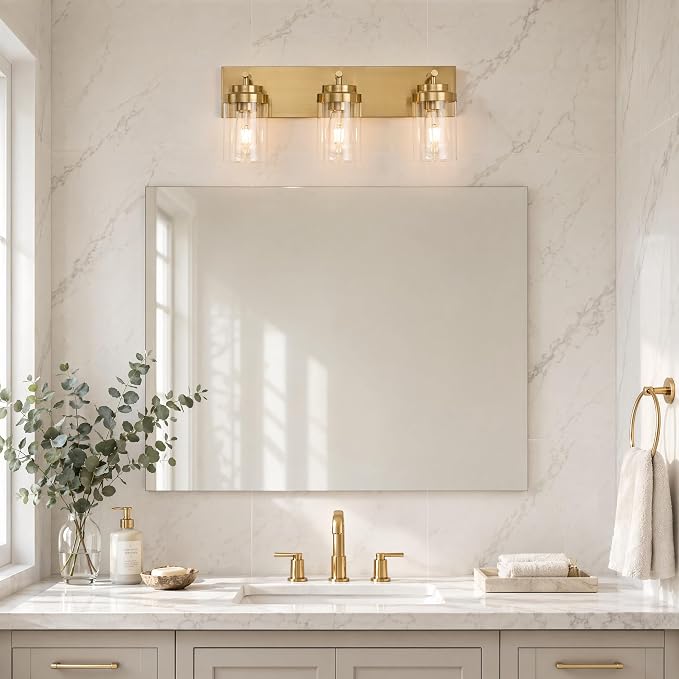 3-Light Bathroom Light Fixtures, Brushed Gold Vanity Lights | Modern Bathroom Lighting Fixtures Over Mirror, Vanity Lights for Bathroom, Mirror, Restroom, Bedroom, E26