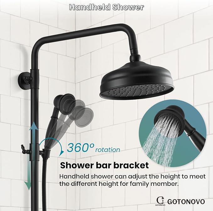 gotonovo Exposed Shower System Wall Mount,Matte Black,Metal Handheld | 8” Rain Shower Head Faucet Set Fixtures,2 Function,Two Cross Handle,Height Adjustable,for 5-6.7" Hole,Indoor Victorian Retro