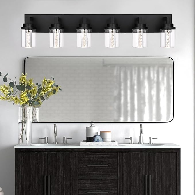 MELUCEE 6-Light Dimmable LED Bathroom Light Fixtures in Black Finish | Modern Bubble Crystal Vanity Lights for Bathroom 5CCT LED Wall Light Fixture with Clear Glass Shade,Built-In Led Chips