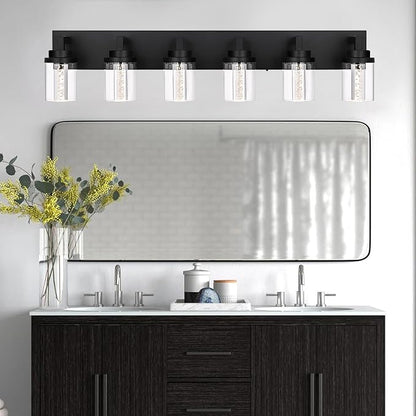 MELUCEE 6-Light Dimmable LED Bathroom Light Fixtures in Black Finish | Modern Bubble Crystal Vanity Lights for Bathroom 5CCT LED Wall Light Fixture with Clear Glass Shade,Built-In Led Chips