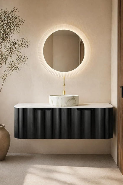48 Inch Bathroom Vanity with Sink, Floating Wall Mounted Single Sink Vanity, Black Curved Fluted Front, Stone Top, Marble-Look Round Vessel Basin, Pre-Assembled