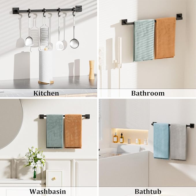 Alise Towel Bar Towel Racks for Bathroom Wall Mount 24 Inch,Matte Black | SUS304 Stainless Steel Bathroom Towel Holder, Full Square Towel Rod Towel Hanger for Bathroom Lavatory Kitchen