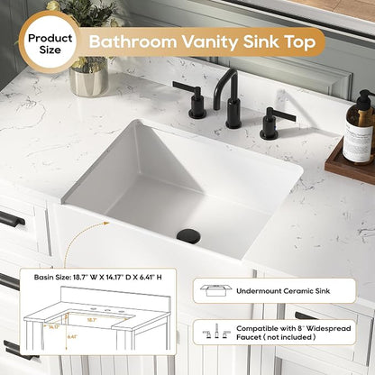 48 Inch White Bathroom Vanity with Sink, Farmhouse Bathroom Sink Cabinet with Soft Closing Doors & Dovetail Drawers, Single Apron Farm Sink, No Assembly Required