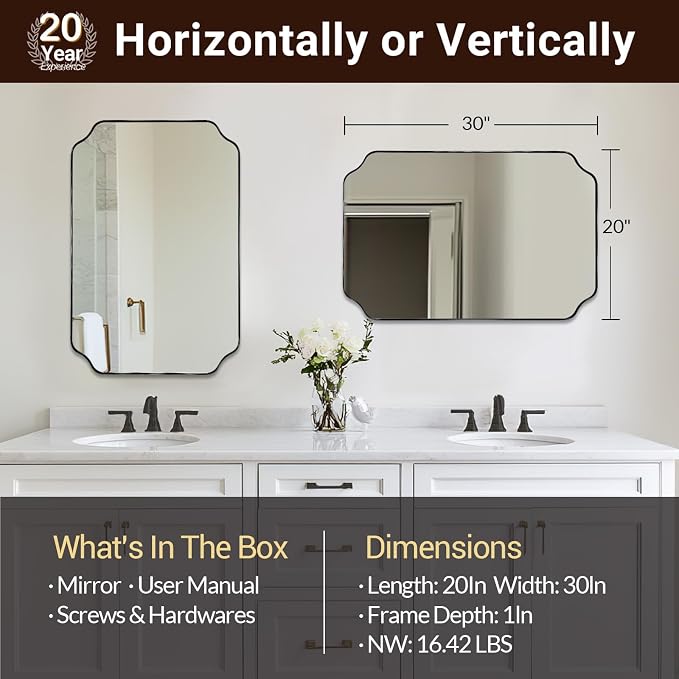 20"x30" Matte Black Mirror, Bathroom Vanity Mirror, Modern Scalloped Mirror in Premium Stainless Steel Thin Frame, Unique Rounded Notched Corners, Compact Size for Small Bathroom Remodel