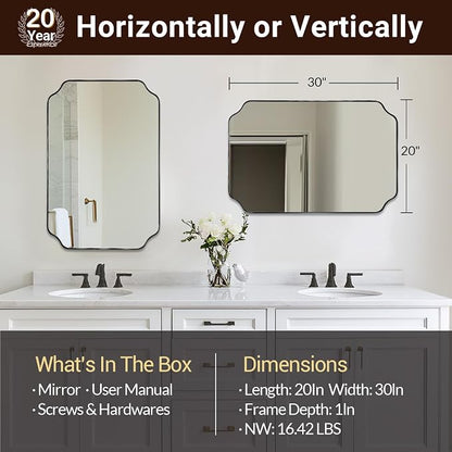 20"x30" Matte Black Mirror, Bathroom Vanity Mirror, Modern Scalloped Mirror in Premium Stainless Steel Thin Frame, Unique Rounded Notched Corners, Compact Size for Small Bathroom Remodel