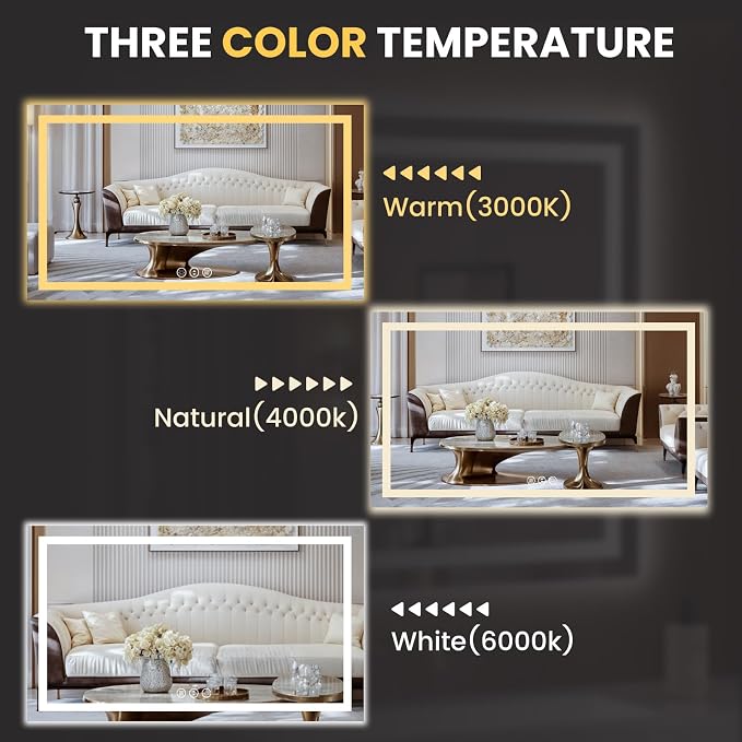 LOAAO 68"X36" LED Bathroom Mirror with Lights, UL Listed | Anti-Fog, Dimmable, 3 Color Temperature, Backlit + Front Lit, Memory Function, Tempered Glass