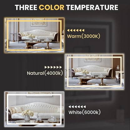 LOAAO 68"X36" LED Bathroom Mirror with Lights, UL Listed | Anti-Fog, Dimmable, 3 Color Temperature, Backlit + Front Lit, Memory Function, Tempered Glass